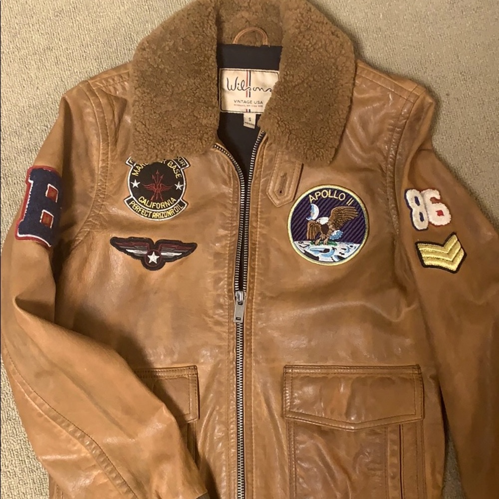 Brown leather bomber jacket